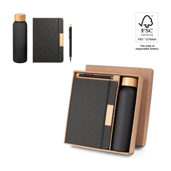 Set comprising 1 ballpoint pen, 1 notepad and 1 bottle, made from recycled PET, recycled aluminium and bamboo